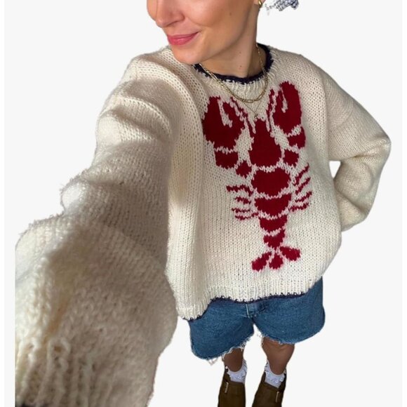 Unbranded Womens Y2k Graphic Lobster Knit Sweater Off White Size Medium - Picture 10 of 10